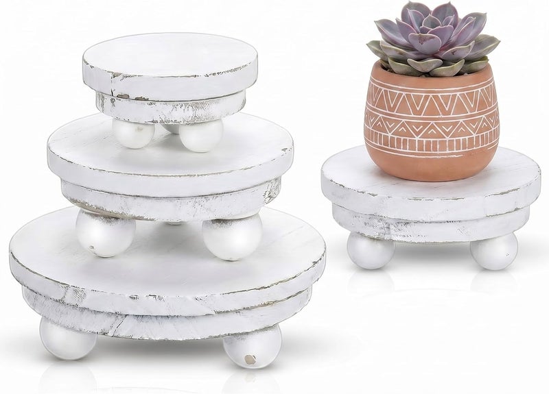 Amyhill 3 Pcs 5/4/3 Inch Wooden Risers for Display Wood Pedestal Stand Mini Tray Stand Round Wooden Pedestal Holder Rustic Riser for Decor Tiered Tray Decor Home Kitchen(Washed White) - Image 1