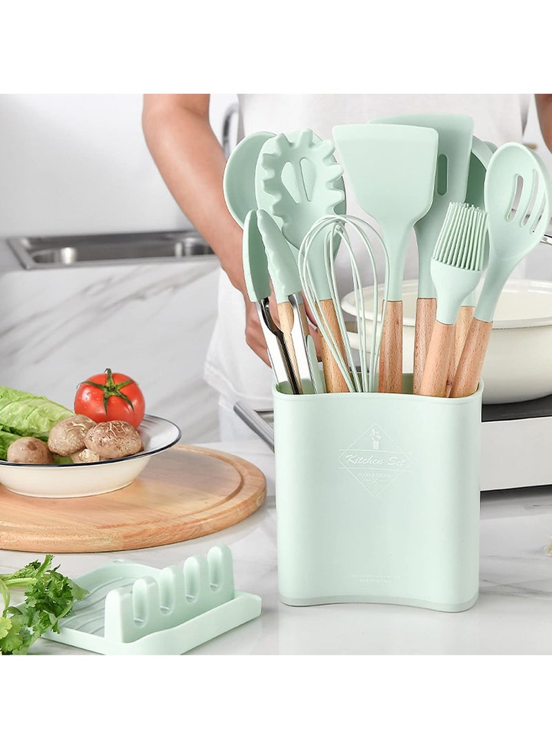 Arabest Silicone Cookware Set, Silicone Kitchen Utensil Set 13 Pieces, Wooden Handle Nonstick Cookware Utensil Tool, Non-Toxic Heat Resistant Kitchen Tool Set with Storage Bucket and Lid Holder(Green)  - Image 2