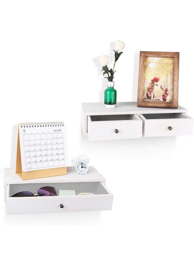 UHUD CRAFTS Floating Shelves with Drawer Wood Wall Shelves/Cabinets for Storage and Display Multiuse as A Nightstand or Bedside Shelf Set of 2 Vintage White - Image 3