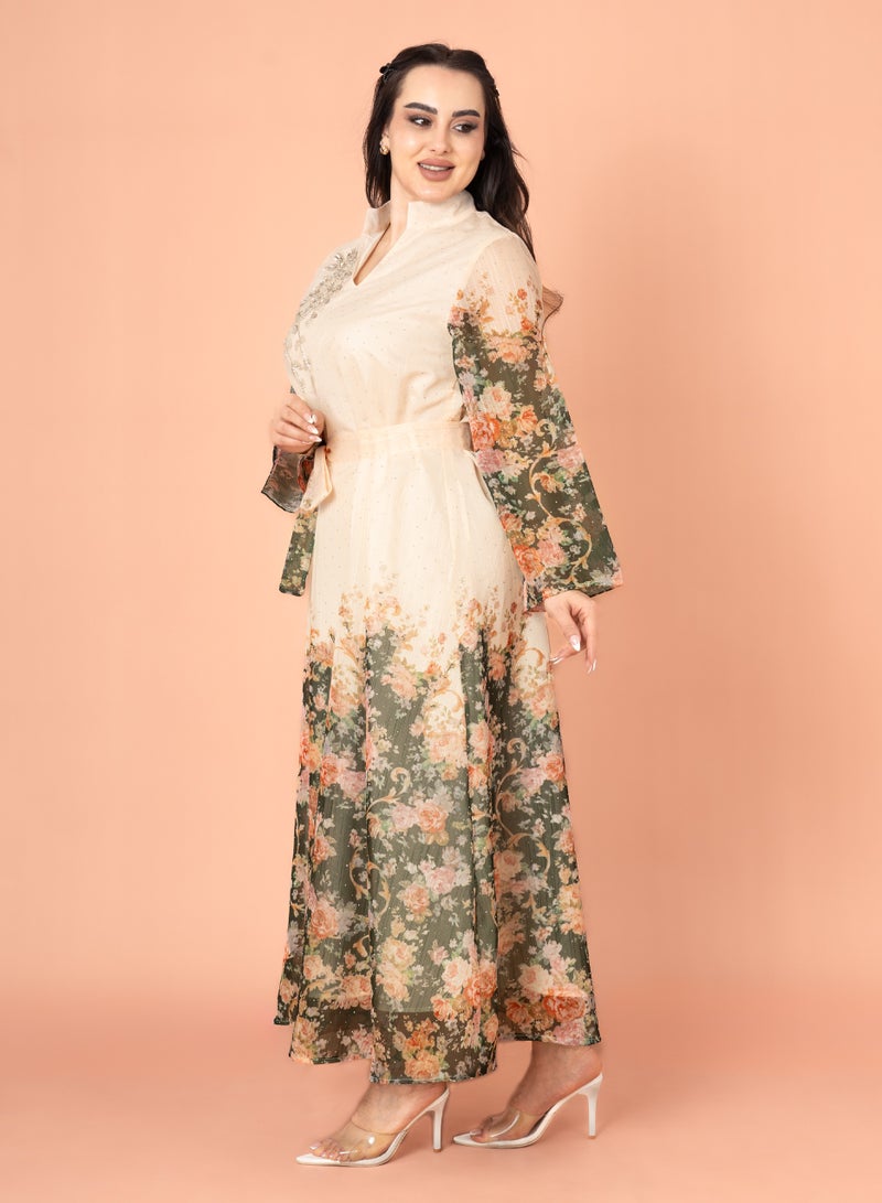 اكسا جلابية مطرزة بحزام وطبعات زهور خضراء - Image 3