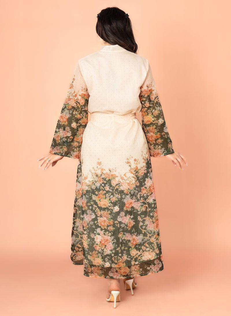 اكسا جلابية مطرزة بحزام وطبعات زهور خضراء - Image 4