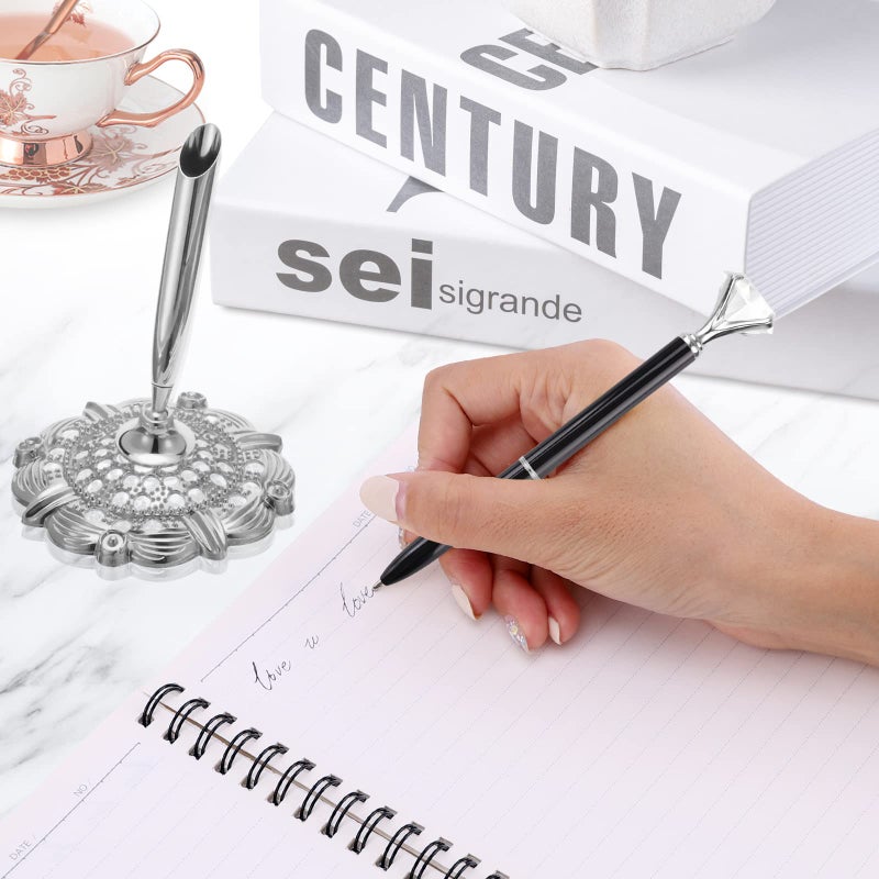 RUTICH Hollow Round Pen Holder Signing Pen Set with Big Diamond Crystal Pen for Wedding Bridal Opening Ceremony Graduation Office, Silver Holder with Black Pen(Black Ink) - Image 5