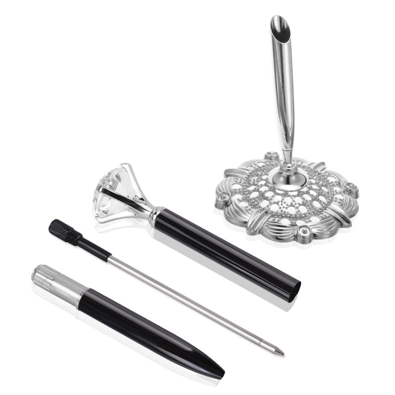 RUTICH Hollow Round Pen Holder Signing Pen Set with Big Diamond Crystal Pen for Wedding Bridal Opening Ceremony Graduation Office, Silver Holder with Black Pen(Black Ink) - Image 3