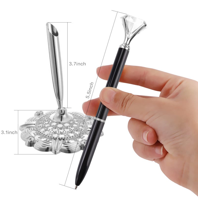 RUTICH Hollow Round Pen Holder Signing Pen Set with Big Diamond Crystal Pen for Wedding Bridal Opening Ceremony Graduation Office, Silver Holder with Black Pen(Black Ink) - Image 2