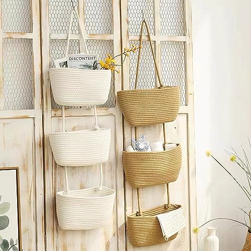 AARAINBOW Wall Hanging Cotton Baskets - Large 3 Tier Decorative Baskets for Wall, Nursery, Bathroom (B-Brown) - Image 3