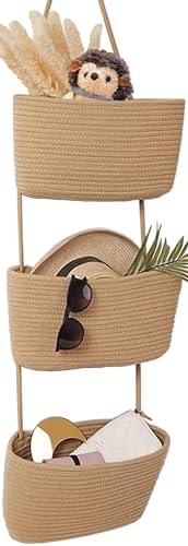 AARAINBOW Wall Hanging Cotton Baskets - Large 3 Tier Decorative Baskets for Wall, Nursery, Bathroom (B-Brown) - Image 1