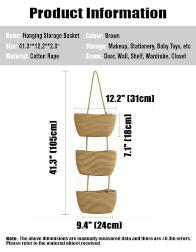 AARAINBOW Wall Hanging Cotton Baskets - Large 3 Tier Decorative Baskets for Wall, Nursery, Bathroom (B-Brown) - Image 4