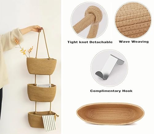 AARAINBOW Wall Hanging Cotton Baskets - Large 3 Tier Decorative Baskets for Wall, Nursery, Bathroom (B-Brown) - Image 5