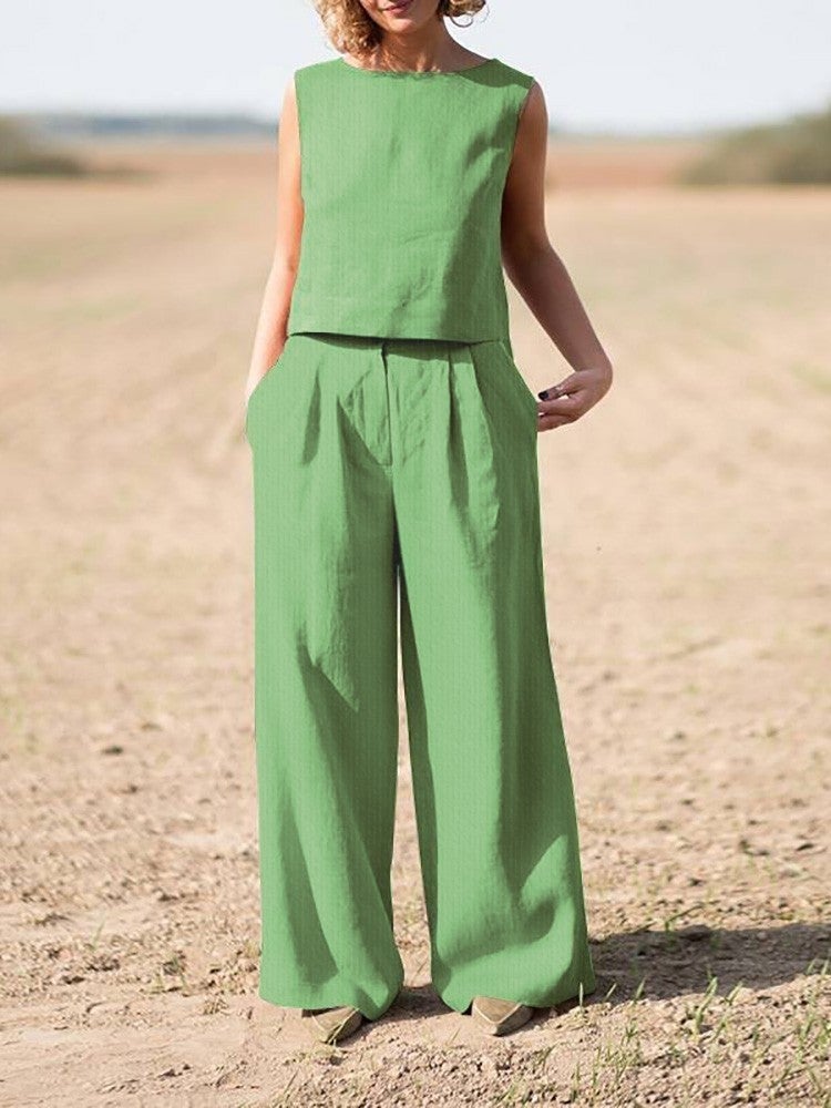 Barbora Linen Casual Sleeveless Top and Bottom Women's Set LN08HAKI12  - Image 2