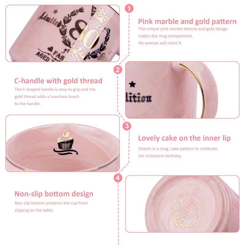 Biching 80th Birthday Gifts for Women, 14oz Pink Coffee Mug with Gold Pattern, Best Gifts for 80 Year Old Grandma, Mom, Sister, Friend, Fabulous 80 Limited Edition, 1946 Birthday Gifts for Women - Image 3