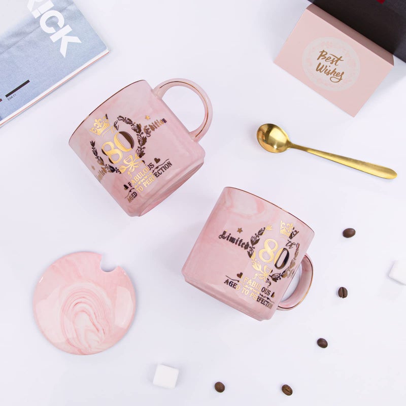 Biching 80th Birthday Gifts for Women, 14oz Pink Coffee Mug with Gold Pattern, Best Gifts for 80 Year Old Grandma, Mom, Sister, Friend, Fabulous 80 Limited Edition, 1946 Birthday Gifts for Women - Image 5