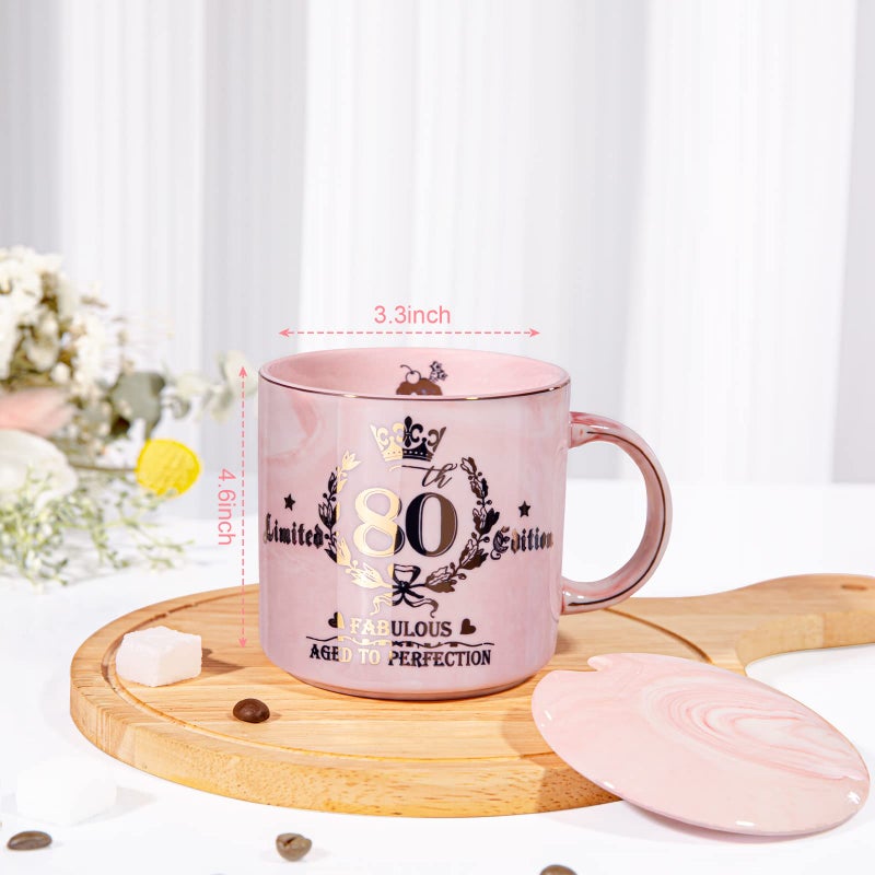 Biching 80th Birthday Gifts for Women, 14oz Pink Coffee Mug with Gold Pattern, Best Gifts for 80 Year Old Grandma, Mom, Sister, Friend, Fabulous 80 Limited Edition, 1946 Birthday Gifts for Women - Image 2