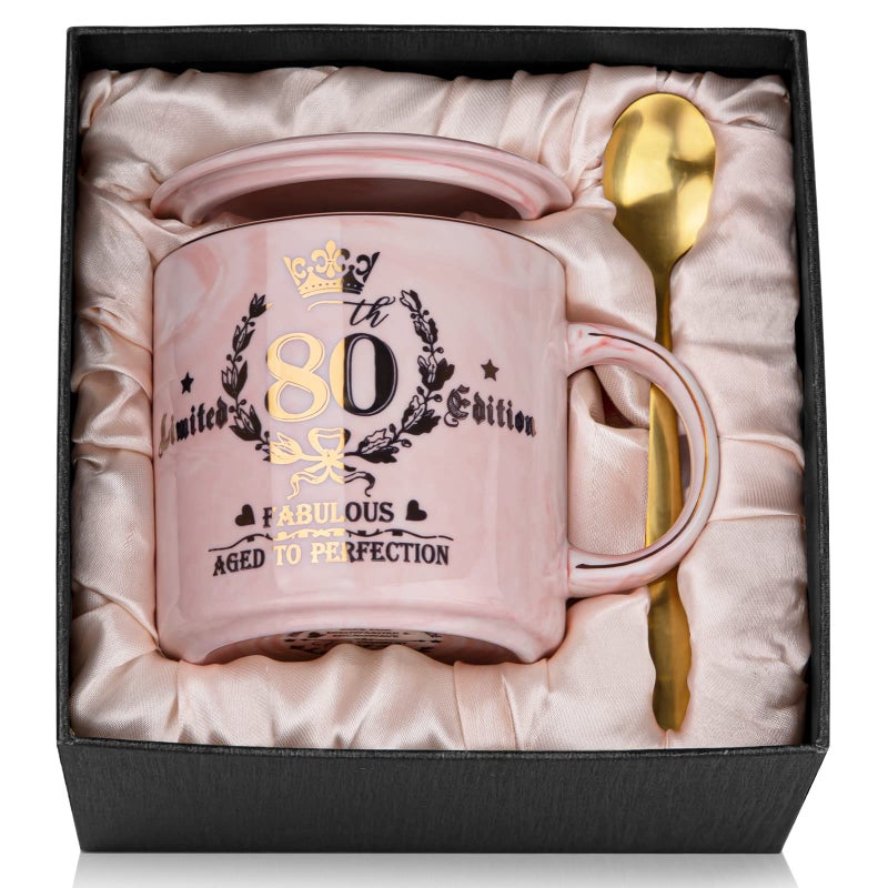 Biching 80th Birthday Gifts for Women, 14oz Pink Coffee Mug with Gold Pattern, Best Gifts for 80 Year Old Grandma, Mom, Sister, Friend, Fabulous 80 Limited Edition, 1946 Birthday Gifts for Women - Image 1