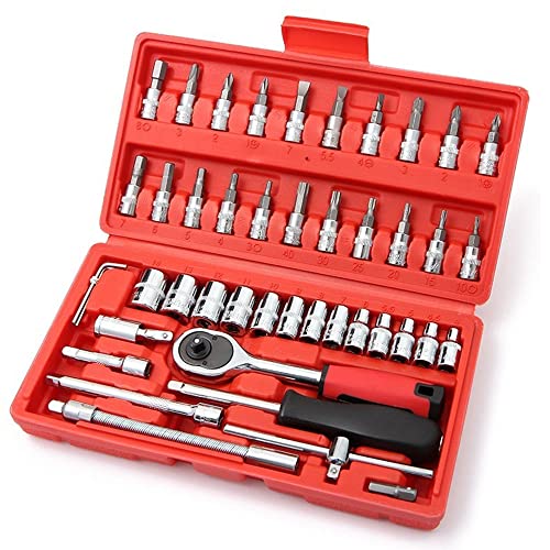 LSLANSOON 46 Pcs 1/4” Drive Socket Ratchet Wrench Set with Storage Case, Includes Metric Bit Socket Set and Extension Bar for Auto Repair and Home Maintenance - Image 1