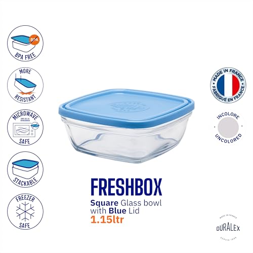 Duralex® France FreshBox Square Tempered Glass Storage Container with Blue Lid, 1.15 Ltr, Set of 1 Piece | 3x Stronger & Durable | Thermal & Shock Resistant | Microwave & Dishwasher Safe - Image 5