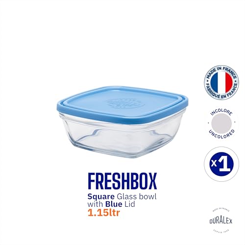 Duralex® France FreshBox Square Tempered Glass Storage Container with Blue Lid, 1.15 Ltr, Set of 1 Piece | 3x Stronger & Durable | Thermal & Shock Resistant | Microwave & Dishwasher Safe - Image 2