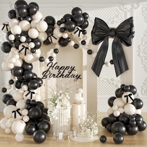 LANGASQUE Black Sand White Balloon Garland Arch Kit, Coquette Birthday Decorations 158Pcs Black Bow Long Balloons Sand White Balloons Different Size for Wedding Bridal Engagement Bachelorette Party Decorations - Image 1