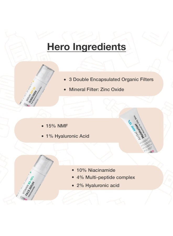 CosIQ Cos-IQ Complete Kit for Dull Skin, SPF 50 Sunscreen 30ml, AirGel NMF-15% Moisturiser 100ml, Niacinamide Vitamin B3-10% Serum, 30ml, Vitamin C-23% Serum, FC-3 Exfoliating Face Cleanser, 100ml - Image 4