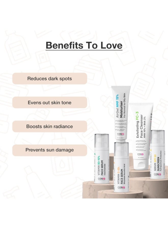 CosIQ Cos-IQ Complete Kit for Dull Skin, SPF 50 Sunscreen 30ml, AirGel NMF-15% Moisturiser 100ml, Niacinamide Vitamin B3-10% Serum, 30ml, Vitamin C-23% Serum, FC-3 Exfoliating Face Cleanser, 100ml - Image 3