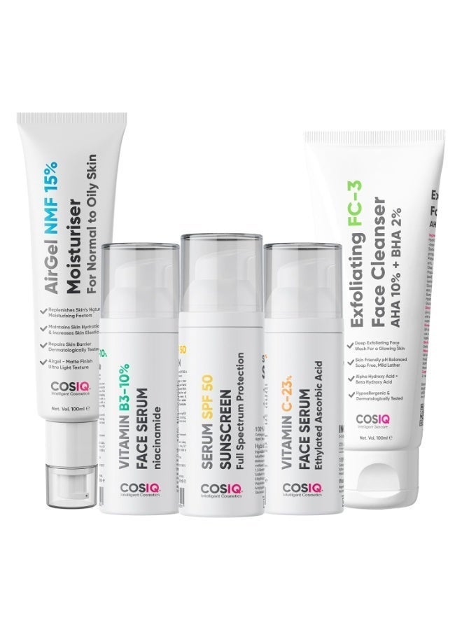 CosIQ Cos-IQ Complete Kit for Dull Skin, SPF 50 Sunscreen 30ml, AirGel NMF-15% Moisturiser 100ml, Niacinamide Vitamin B3-10% Serum, 30ml, Vitamin C-23% Serum, FC-3 Exfoliating Face Cleanser, 100ml - Image 1