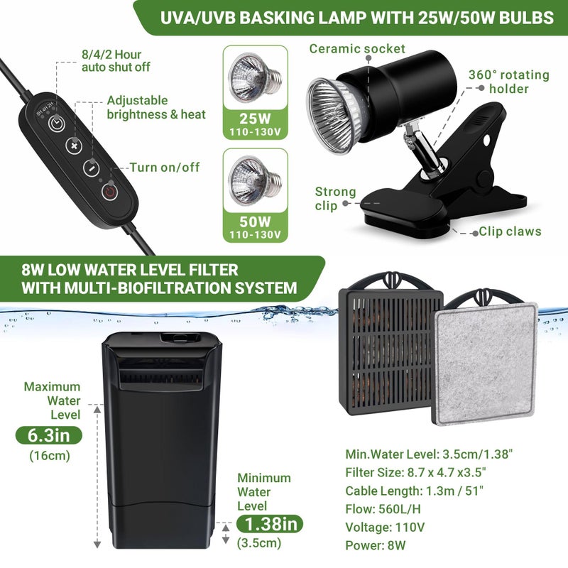 GOZILLA Aquatic Turtle Tank Kit+Lamp+Filter, Upgrade PC Turtle Tank Starter Kit with Adjustable Lamp & Filter,Reptile Habitat with Lid,Hanging Platform for Small Reptiles.(19.68Ã—9.52Ã—9.44''/Black Kit) - Image 4