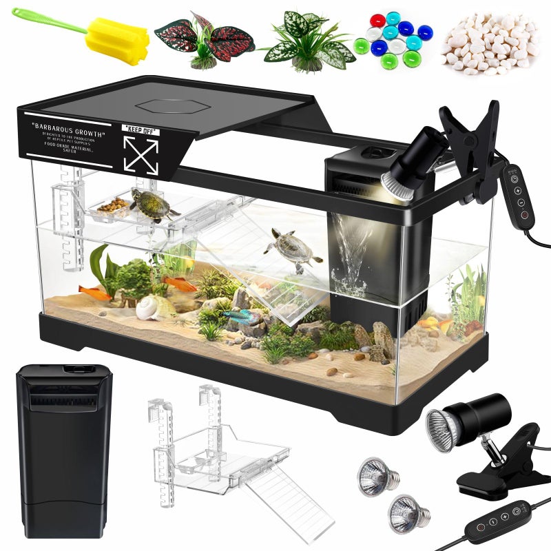 GOZILLA Aquatic Turtle Tank Kit+Lamp+Filter, Upgrade PC Turtle Tank Starter Kit with Adjustable Lamp & Filter,Reptile Habitat with Lid,Hanging Platform for Small Reptiles.(19.68Ã—9.52Ã—9.44''/Black Kit) - Image 1