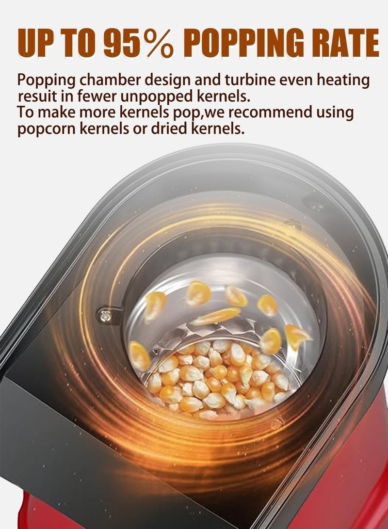 Air Popcorn Maker Classic Style Machine makes Hot, Fresh, and Fat-Free popcorn anytime , Easy To Use with Non-slip Feet Detachable Cap for easy clean 1.8 L 1200.0 W JYDQ-01H Red - Image 4
