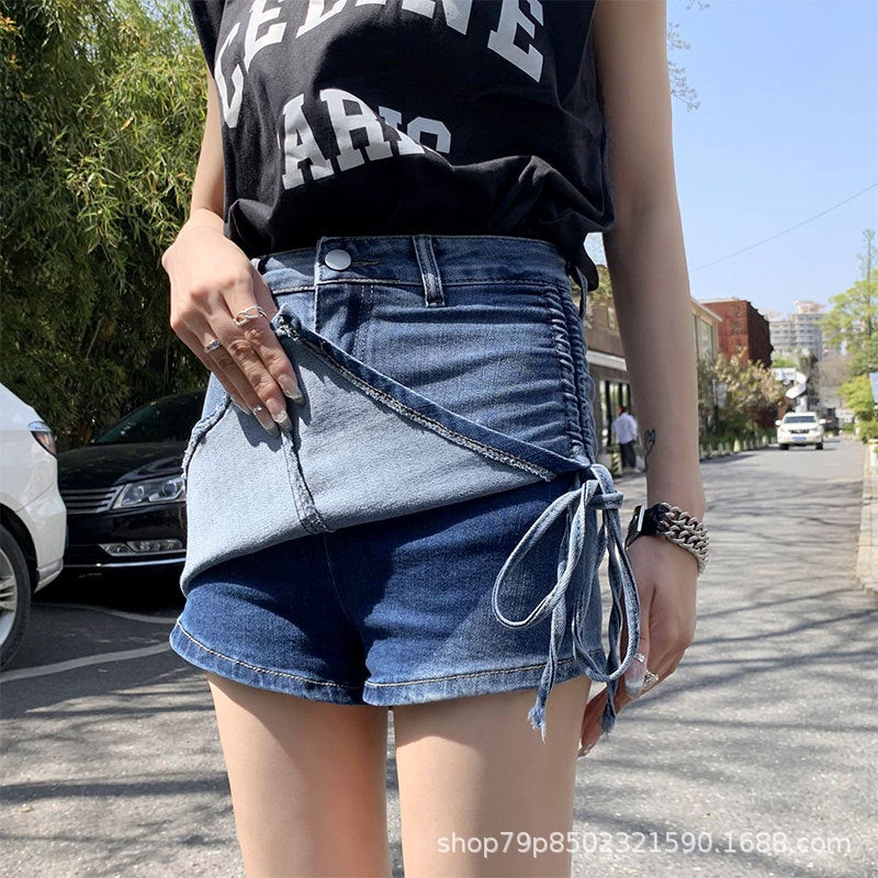 Irregular Denim Skirt Womens Summer Khaki High Waist Slimming Design Sense Drawstring Bag Hip Trendy Short Pants Skirt Blue - Image 1