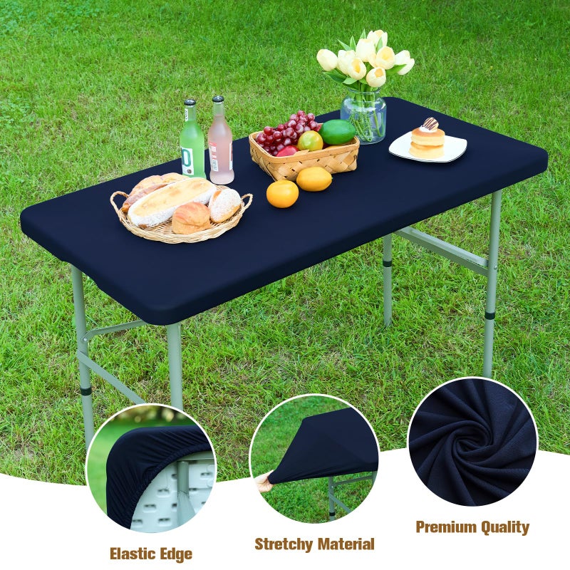 NEWISHER مفرش طاولة مستطيل مناسب مقاس 42 × 72 بوصة، غطاء طاولة مرن من الألياف اللدنة، غطاء طاولة من البوليستر قابل للغسل باللون الأزرق الداكن لتناول الطعام والنزهة والتخييم في الداخل والخارج - Image 2