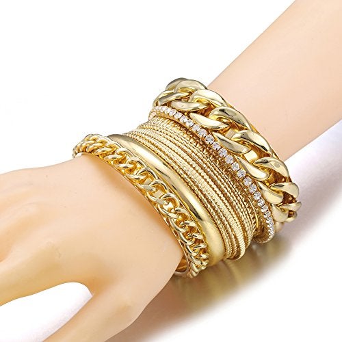 Ensoul Fashion Gold Color Multiple Textured Metal Bracelets & Bangles Set 14Pcs/Set W/Rhinestones - Image 3
