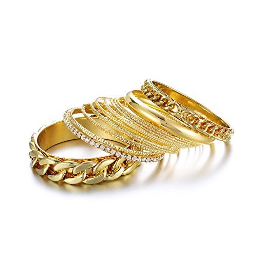 Ensoul Fashion Gold Color Multiple Textured Metal Bracelets & Bangles Set 14Pcs/Set W/Rhinestones - Image 2
