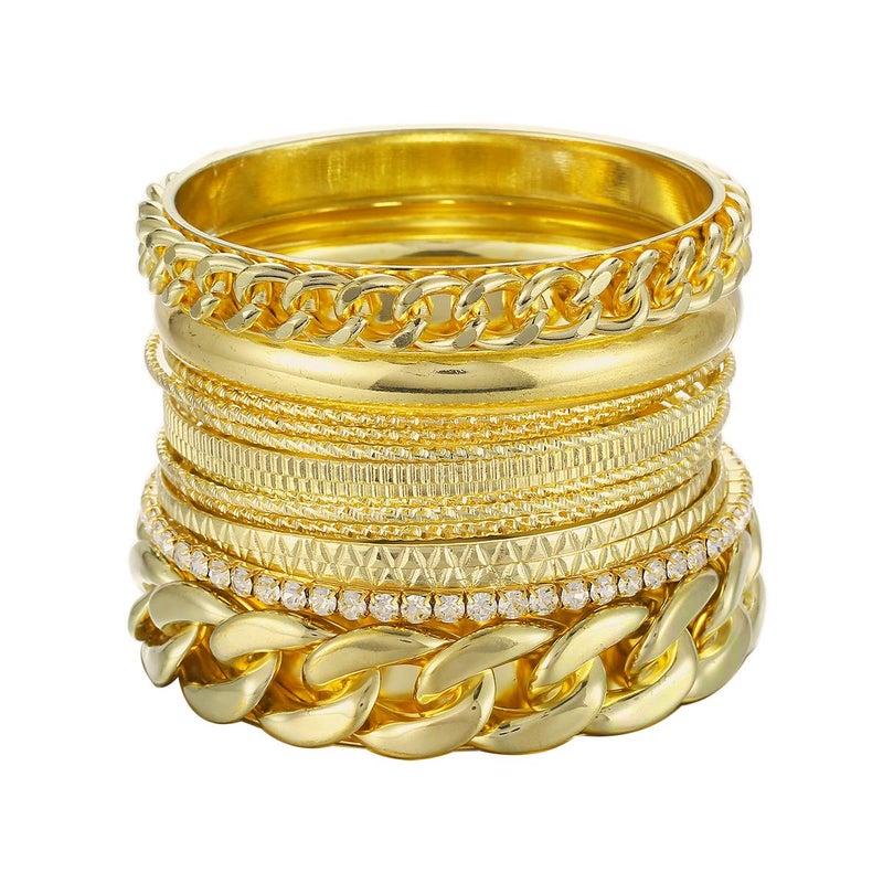Ensoul Fashion Gold Color Multiple Textured Metal Bracelets & Bangles Set 14Pcs/Set W/Rhinestones - Image 5