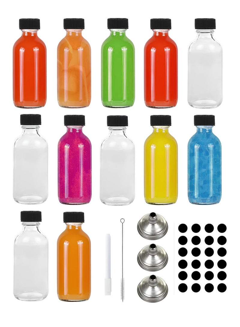 HYFY 12 Pack 2 oz Small Clear Glass Bottles with Lids 3 Stainless Steel Funnels 60ml Boston Round Sample Bottles for Potion Juice Ginger Shots Oils. Ideal for essential oils, serums, liquids. - Image 1