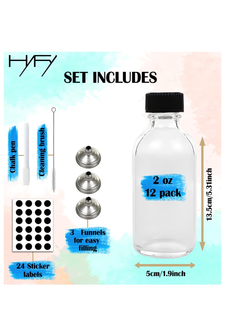 12 Pack 2 oz Small Clear Glass Bottles with Lids 3 Stainless Steel Funnels 60ml Boston Round Sample Bottles for Potion Juice Ginger Shots Oils. Ideal for essential oils, serums, liquids. - pzsku/Z7A78541199FE8475C2F6Z/45/_/1711367222/189b7a58-6c45-4895-9dc0-0ec2631906d4