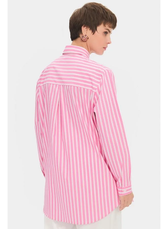JUNE June Women Oversize/Loose Fit 100% Cotton Pink Striped Shirt Pink