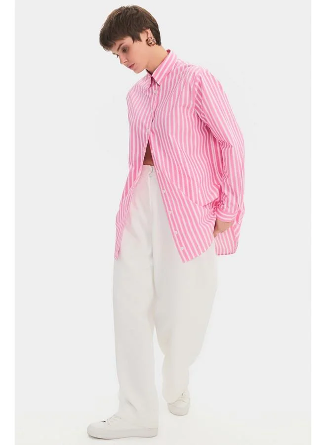 JUNE June Women Oversize/Loose Fit 100% Cotton Pink Striped Shirt Pink
