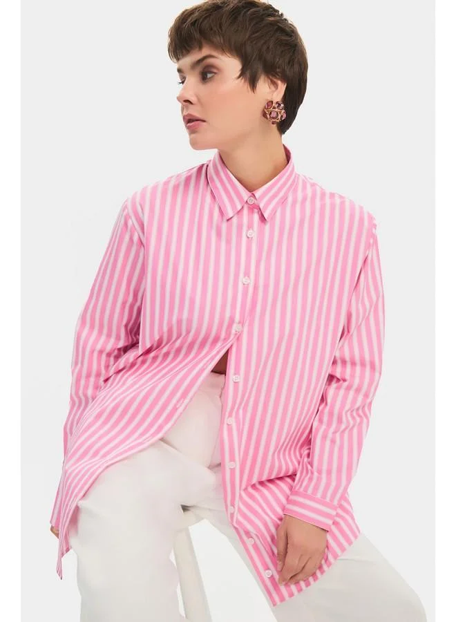 JUNE June Women Oversize/Loose Fit 100% Cotton Pink Striped Shirt Pink