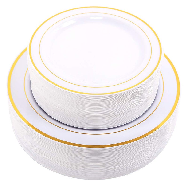 WDF 60PCS White Gold Plates Disposable  Gold Plastic Plates Gold Rim Plastic Plates Including 301025inch Gold Dinner Plates and 3075inch Gold SaladDessert Plates
