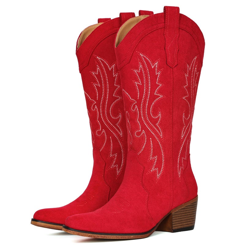 IUV Suede Cowboy Boots for Women Western Mid Calf Cowgirl Boots with Embroidered, Retro Snip Toe Fashion Boot With Chunky Block Heel Summer Fall Country Music Festival Cowboy Chic - Image 1