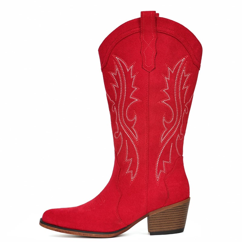 IUV Suede Cowboy Boots for Women Western Mid Calf Cowgirl Boots with Embroidered, Retro Snip Toe Fashion Boot With Chunky Block Heel Summer Fall Country Music Festival Cowboy Chic - Image 5