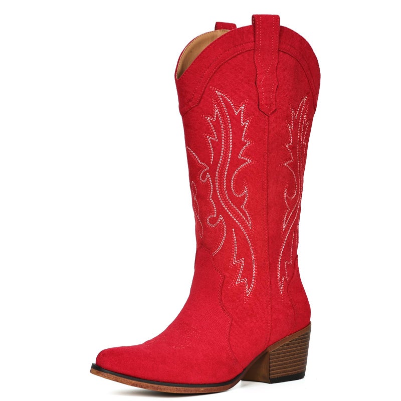 IUV Suede Cowboy Boots for Women Western Mid Calf Cowgirl Boots with Embroidered, Retro Snip Toe Fashion Boot With Chunky Block Heel Summer Fall Country Music Festival Cowboy Chic - Image 4