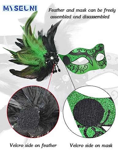 MYSEUNI Green His and Hers Masquerade Masks Set -Feather Mascarade Mask for Couple & Venetian Mask for Masquerade Party, Mardi Gras, Halloween Cosplay Prom, Christmas - Image 4