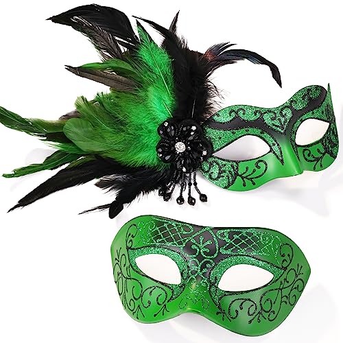 MYSEUNI Green His and Hers Masquerade Masks Set -Feather Mascarade Mask for Couple & Venetian Mask for Masquerade Party, Mardi Gras, Halloween Cosplay Prom, Christmas - Image 2