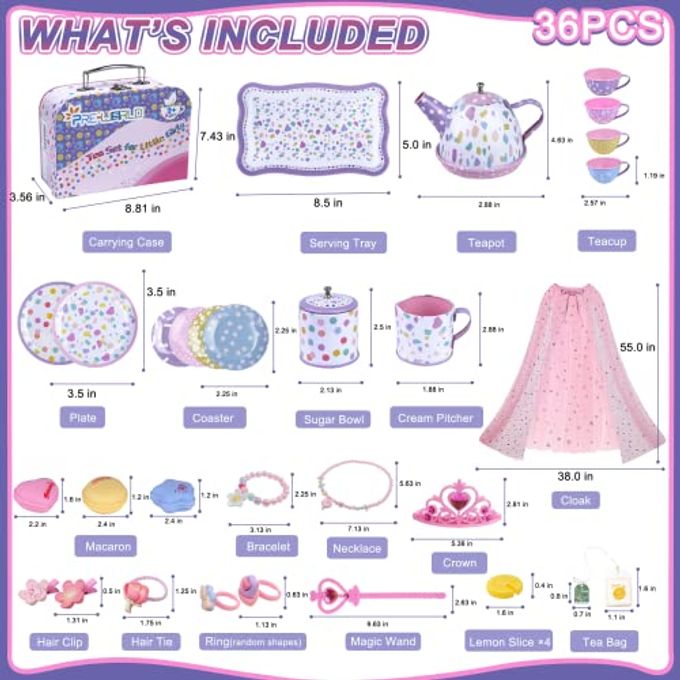 PRE-WORLD Tea Party Set for Little Girls,PRE-WORLD Princess Tea Time Toy with Food Sweet Treats Playsets,Dress Up Accessories Cloak Necklace Bracelet Jewelry Set, Kids Kitchen Pretend Play for Girls Age 3-6 - Image 3