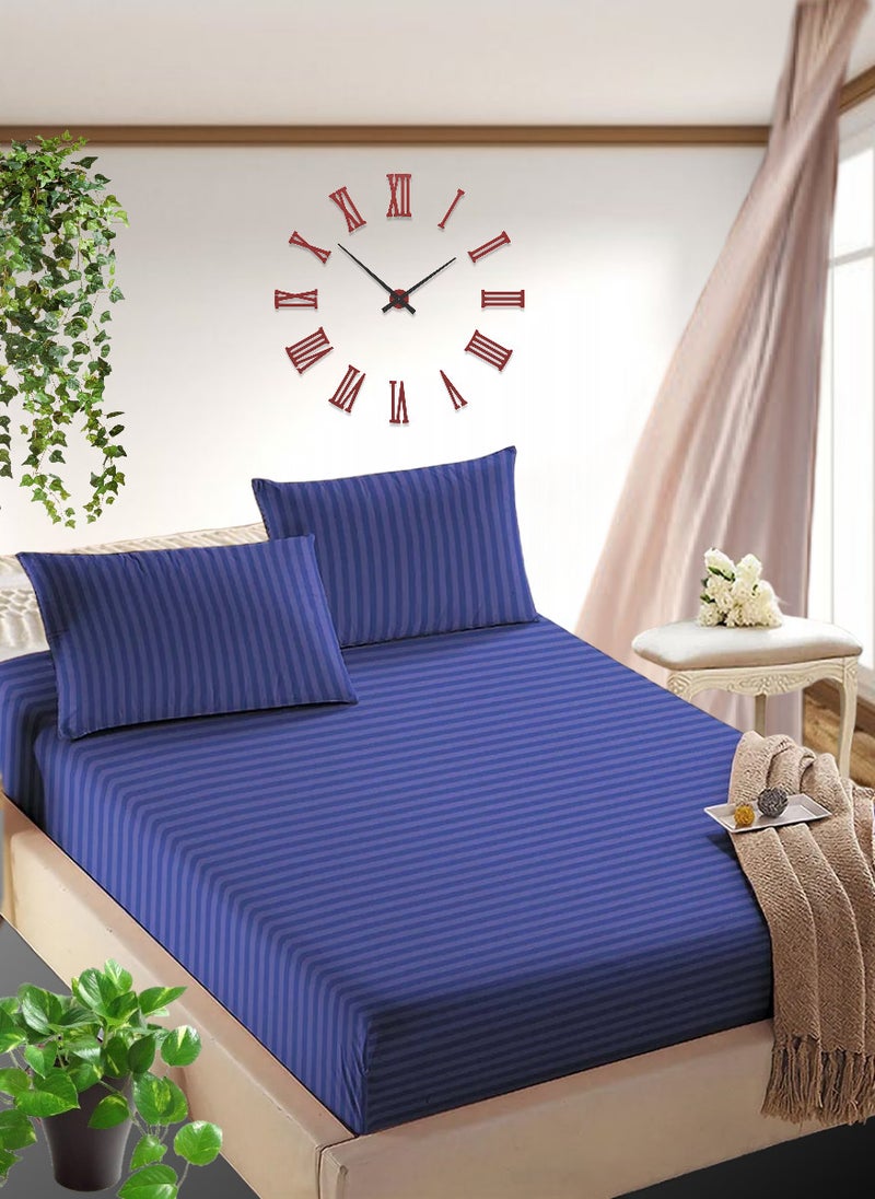 Blueberry Navy Blue Striped Double Size Sheet Set Deep Pockets Machine Washable 150x200+25cm - Image 1