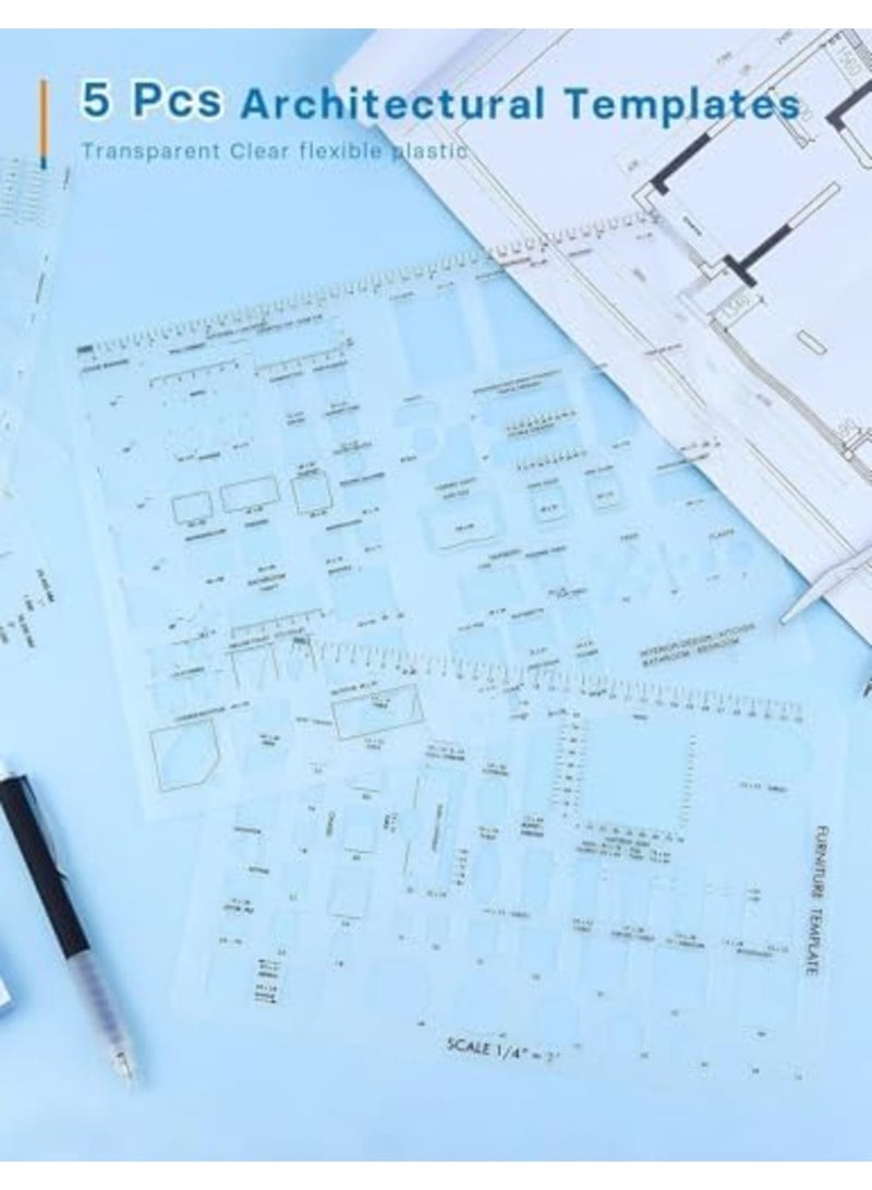 Architectural Templates Set, Circle Template, House Plan, Interior Design and Furniture Stencil Tools, Drafting Rulers and Shape Guides for Architects, Designers, and Students (5 Pcs,Transparent) - Image 4