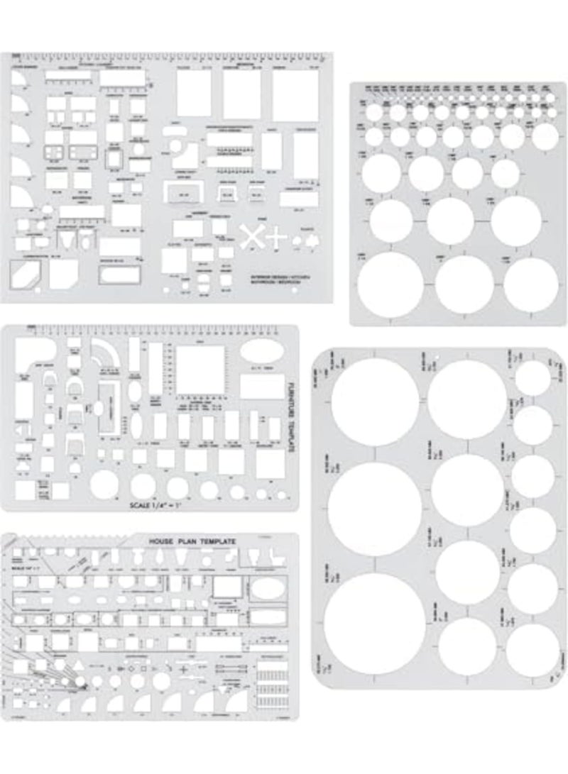 Architectural Templates Set, Circle Template, House Plan, Interior Design and Furniture Stencil Tools, Drafting Rulers and Shape Guides for Architects, Designers, and Students (5 Pcs,Transparent) - Image 1
