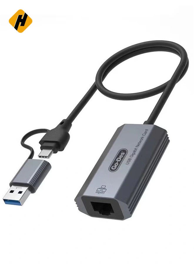 HuHa Go Des GD-6836 RJ45 to Type-C and USB-A Gigabit Ethernet Converter Cable 1000Mbps 50cm"  - Image 1