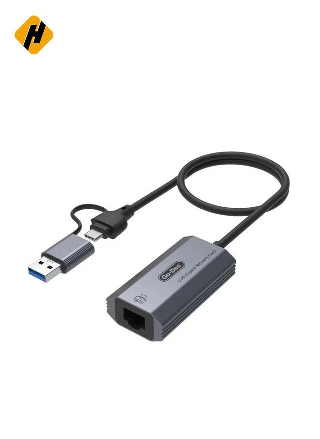 HuHa Go Des GD-6836 RJ45 to Type-C and USB-A Gigabit Ethernet Converter Cable 1000Mbps 50cm"  - Image 3