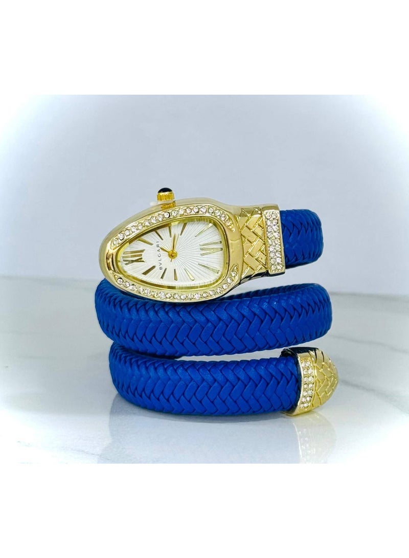بولغاري ساعة يد حريمي فاخرة أنالوج – سوار حلزوني أزرق بإطار مرصع بالفصوص